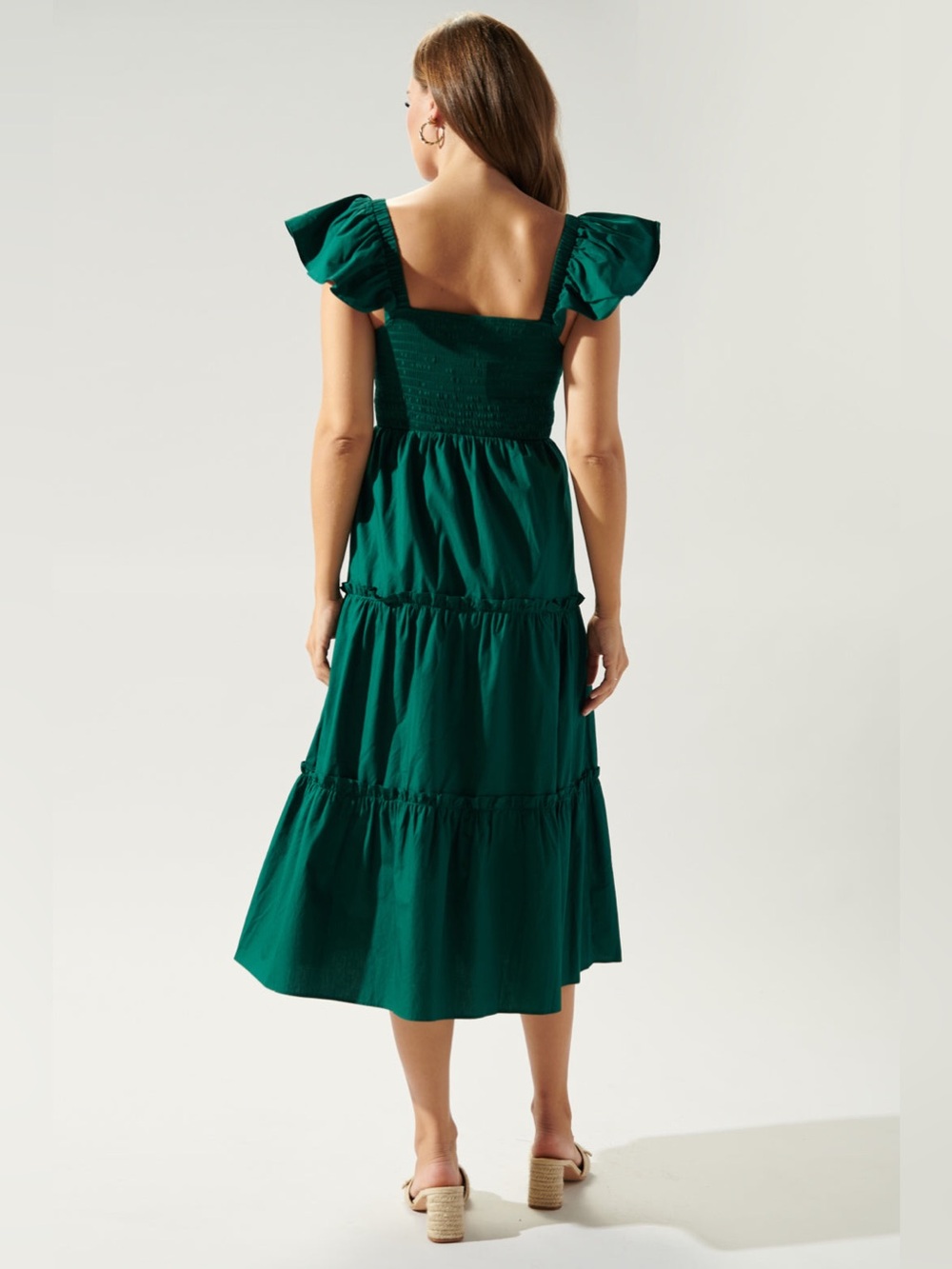 NWT Sugarlips Lou Smocked Tiered Midi Dress Emerald Green - Picture 2 of 2